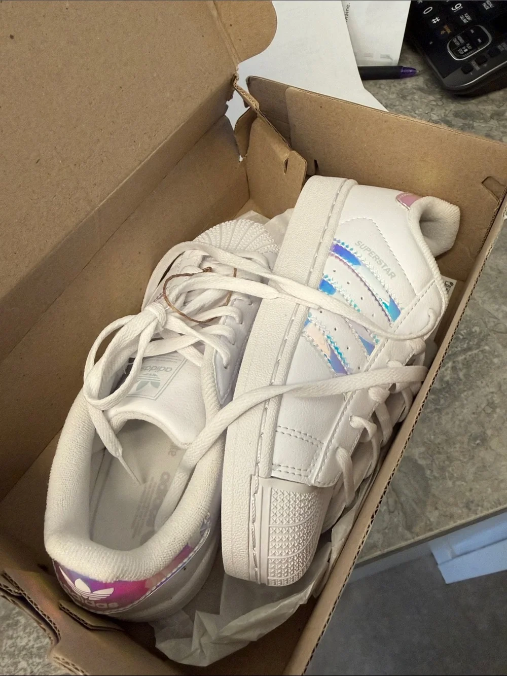 adidas Kids Superstar Sneakers - White with Iridescent Stripes